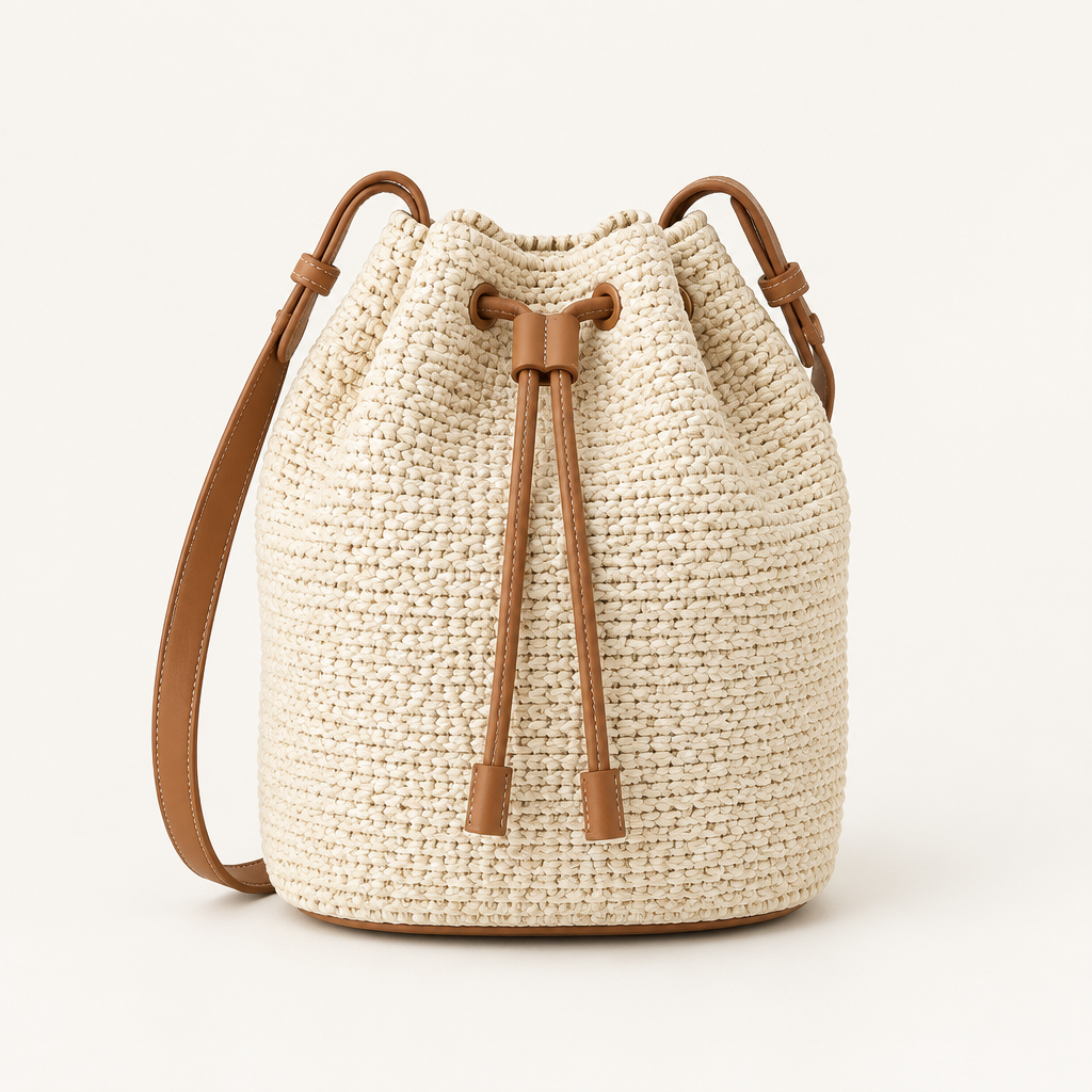 Cream woven bucket bag with tan leather strap