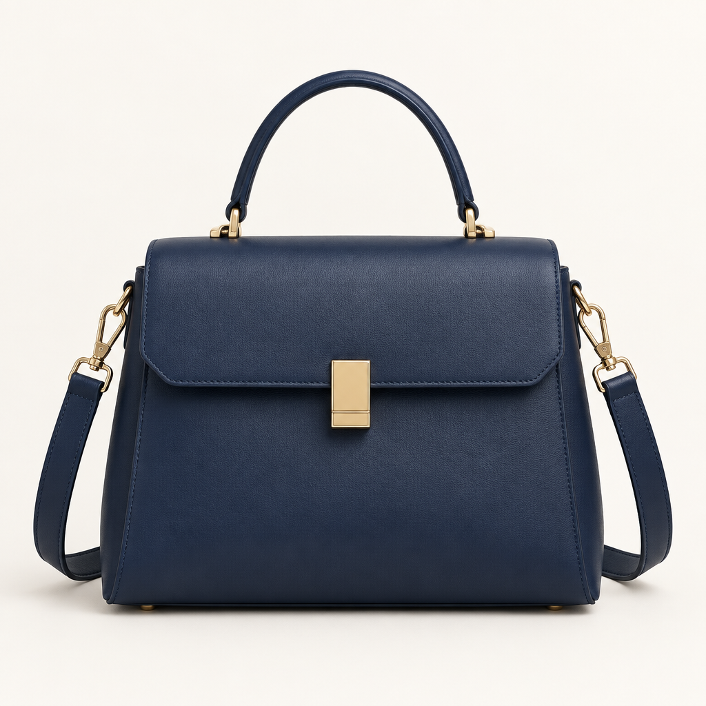 Navy blue structured satchel with top handle and shoulder strap