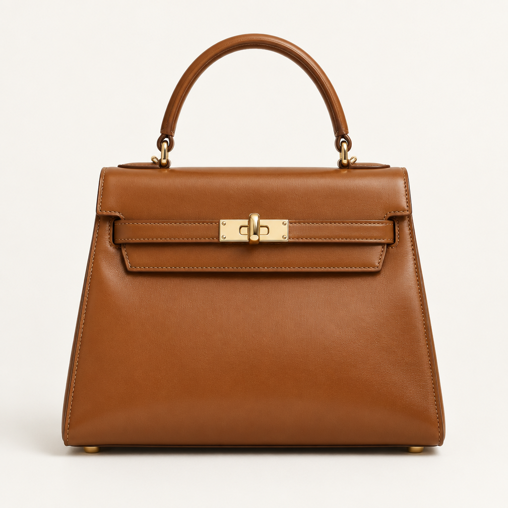 Cognac brown leather top-handle handbag with polished hardware