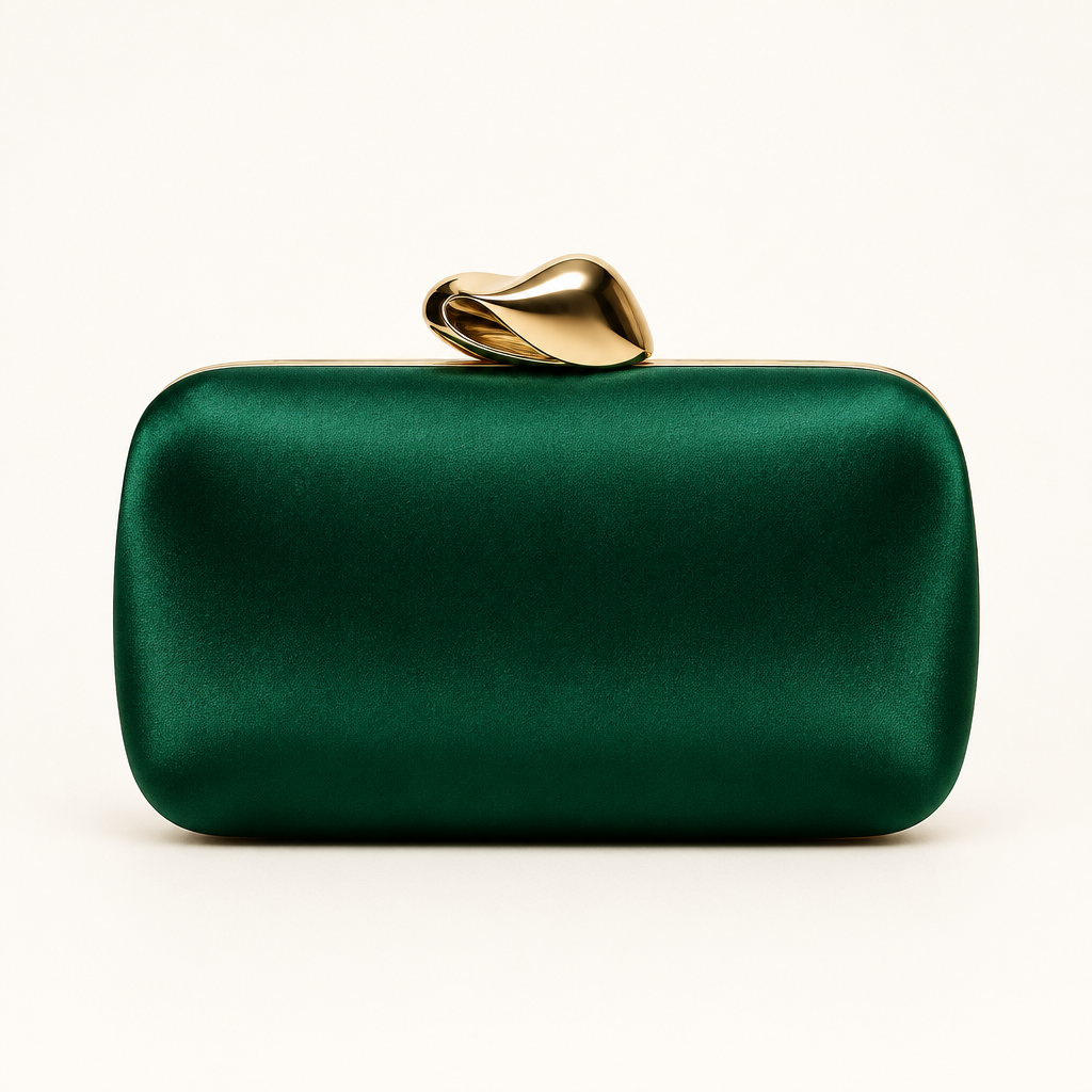 Deep emerald green satin clutch with metallic clasp