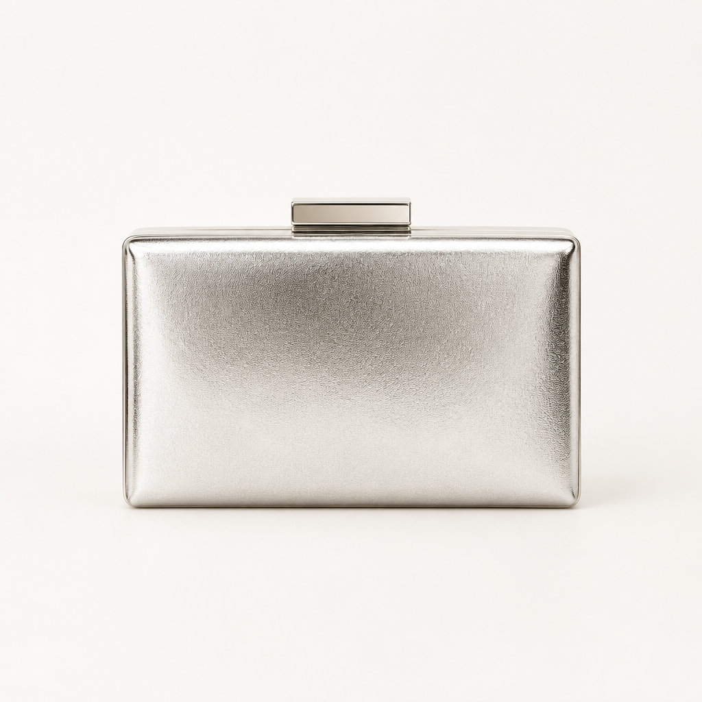 Silver metallic geometric box clutch